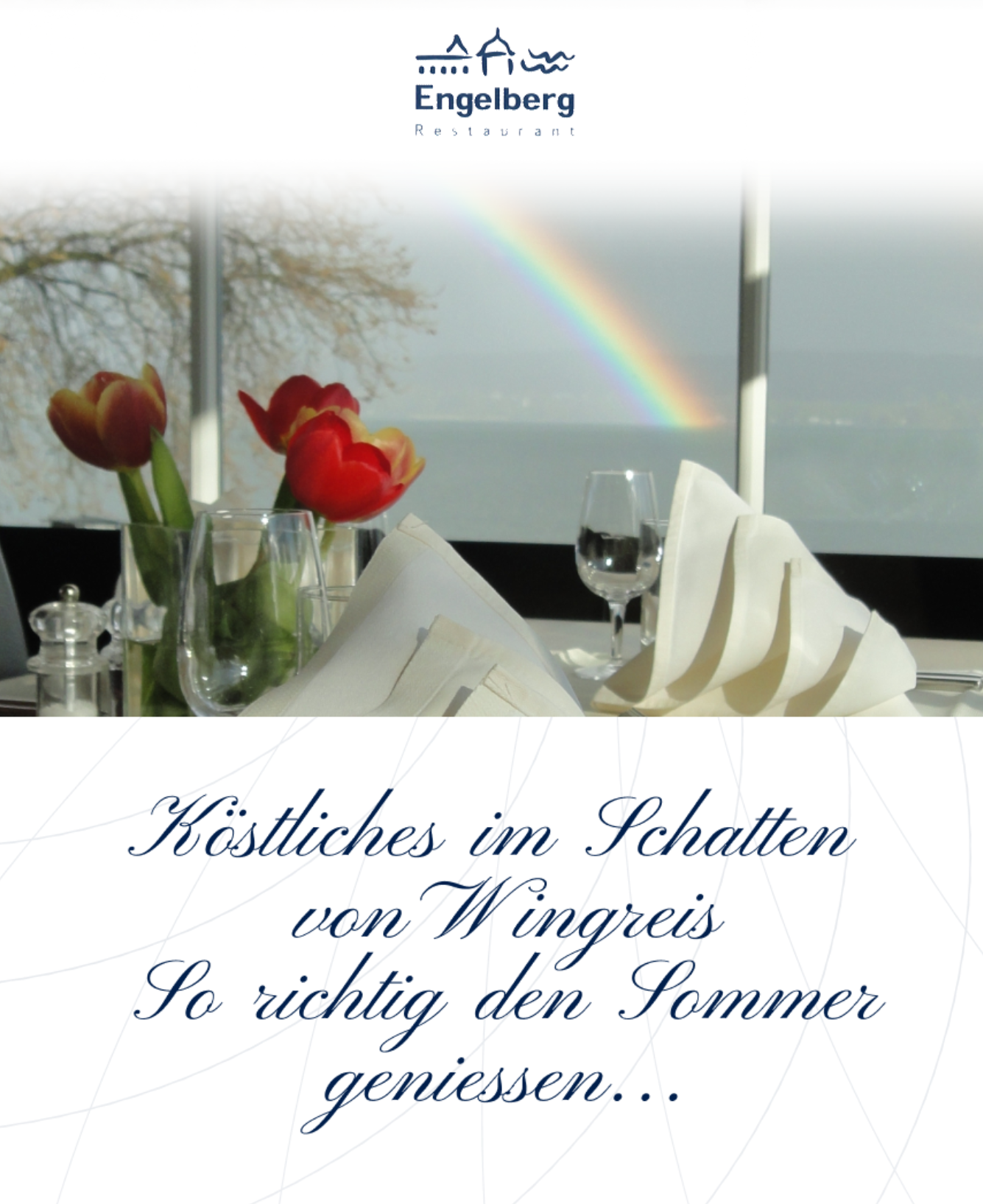 Screenshot of the Das Restaurant Engelberg mobile website showing the restaurant logo, a lakeside table setting, and a summer dining headline