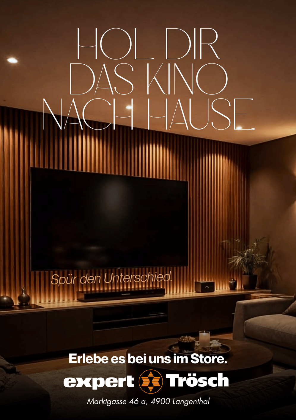 Expert Tr&ouml;sch home cinema poster &ldquo;Hol dir das Kino nach Hause&rdquo; showing a living room with a large TV